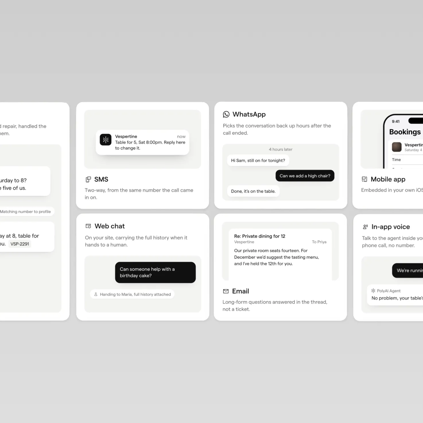 Cards for each channel a restaurant’s agent answers on, with a sample exchange: voice, SMS, WhatsApp, mobile app, web chat, email and in-app voice.