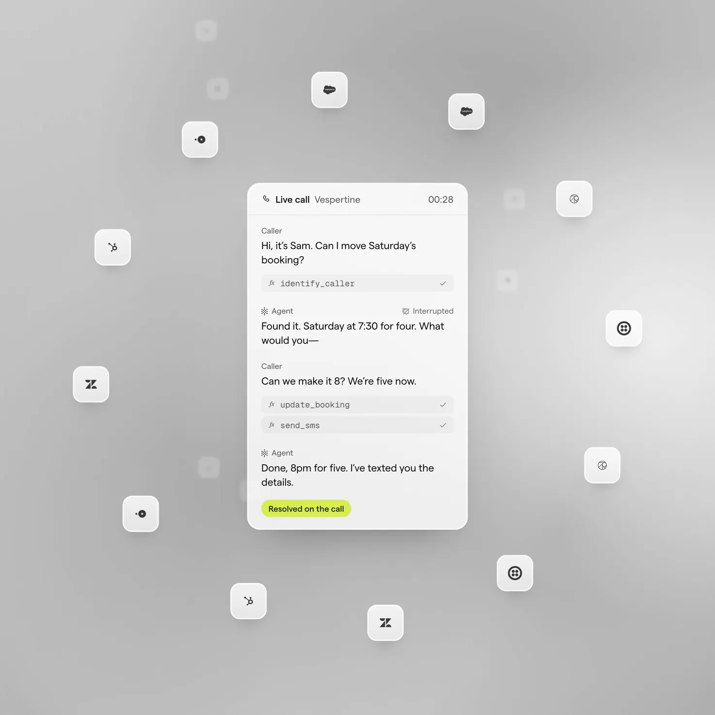 A live call to a restaurant: Sam asks to move Saturday’s booking; the agent identifies him, changes it to 8pm for five, texts the details and resolves the call.