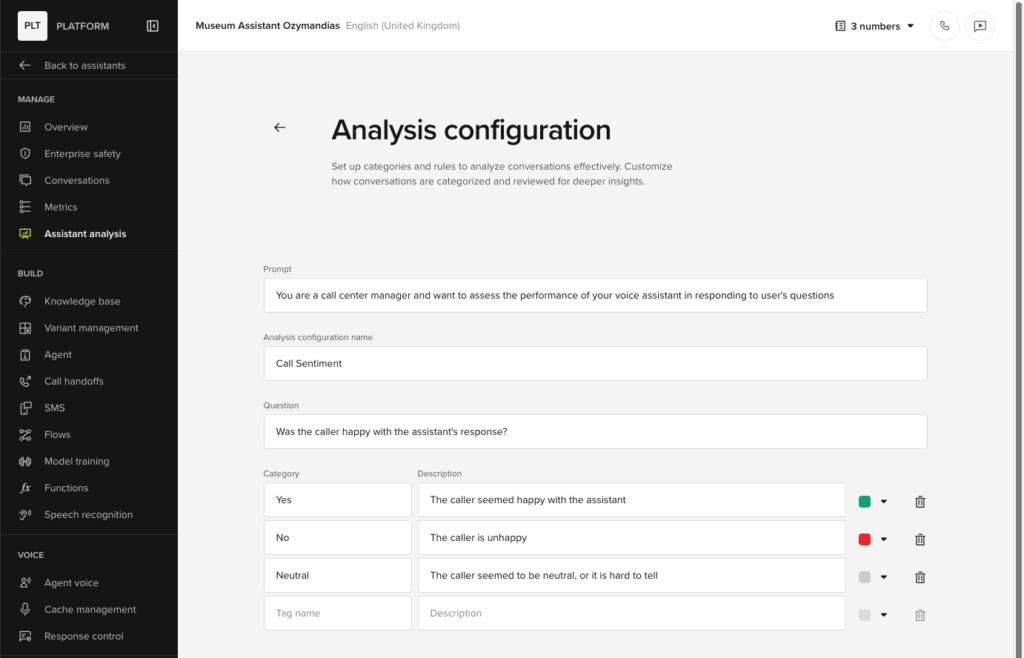 Analysis configuration screen within PolyAI's Agent Studio platform